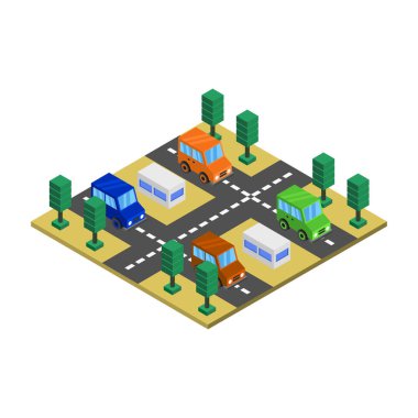 Ağaçlı ve arabalı izometrik şehir haritası