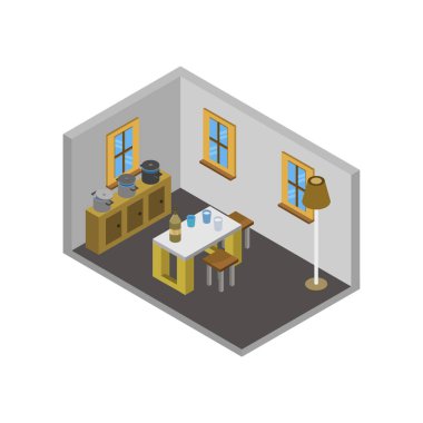 Beyaz arkaplanda izometrik mutfak çizimi
