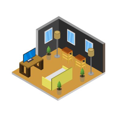 İç mekan - oda, izometrik manzara. 3d oluşturma. 
