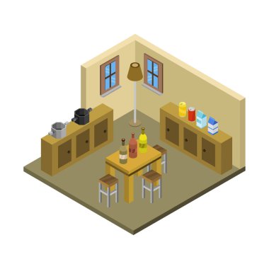 Beyaz arkaplanda izometrik mutfak çizimi