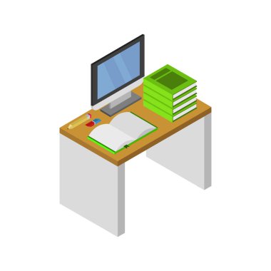 Kitaplı masaüstü ve bilgisayar simgesi, çevrimiçi eğitim kavramı             