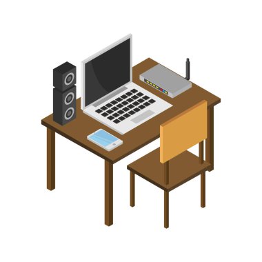 Masasında bilgisayar olan izometrik ofis işyeri, vektör illüstrasyon tasarımı