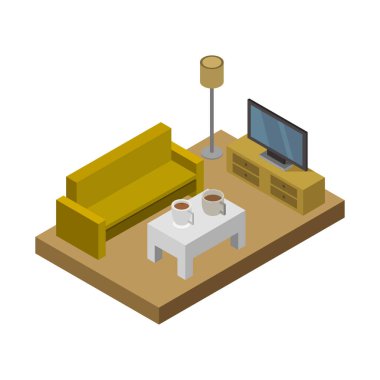 İç mekan - oda, izometrik manzara. 3d oluşturma. 