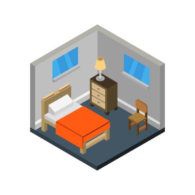 İçerideki izometrik yatak odası. vektör illüstrasyonu         
