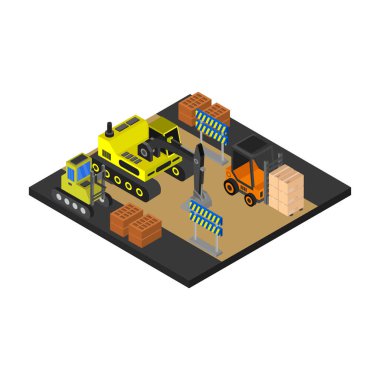 Forklift vektör illüstrasyonlu kutulu kamyon simgeleriyle izometrik depo bileşimi