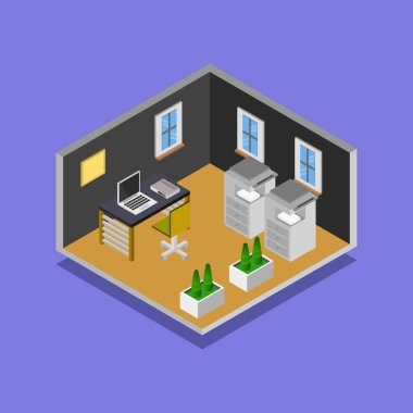 Beyaz arkaplanda ofis odası izometrik biçim çizimi