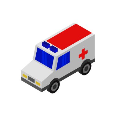 Ambulans simgesi. İzometrik çizimde ambulans vektör simgesi web için