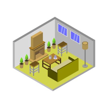 Oturma odasının şömineli izometrik iç mekanı, vektör illüstrasyonu