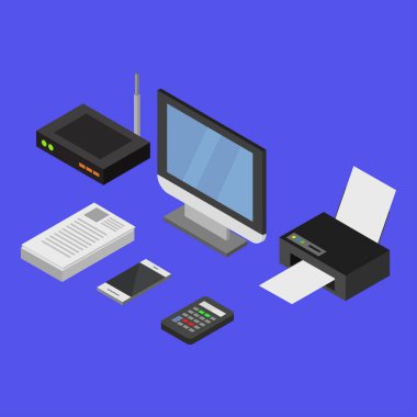 Bilgisayar simgesi, vektör illüstrasyon tasarımlı izometrik ofis çalışma alanı     