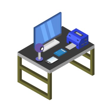 Bilgisayar simgesi, vektör illüstrasyon tasarımlı izometrik ofis çalışma alanı     