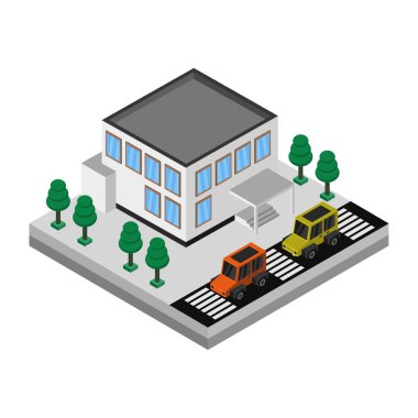 Ağaçların vektör illüstrasyonuyla izometrik şehir binası