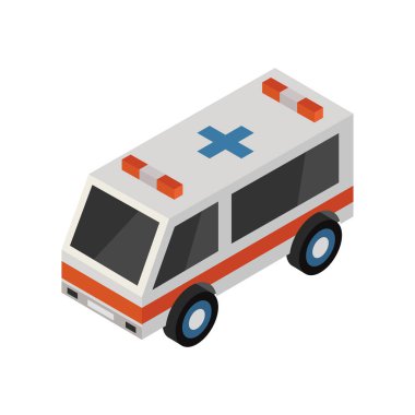Ambulans simgesi. İzometrik çizimde ambulans vektör simgesi web için