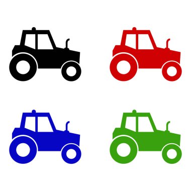 Düz arkaplanlı renkli traktörler. Tarım aracı ve tarım makinesi.