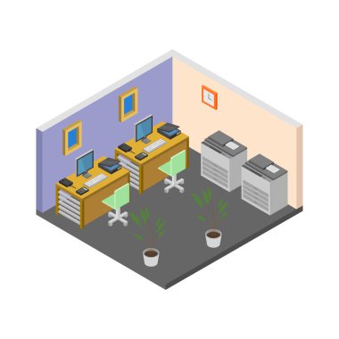 Sandalyeleri ve masaları olan ofis masası.