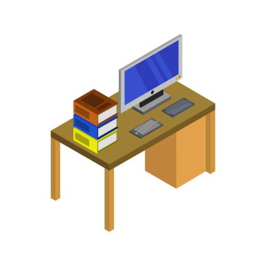 Kitaplı masaüstü ve bilgisayar simgesi, çevrimiçi eğitim kavramı             