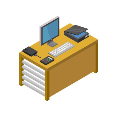 Bilgisayar simgesi, vektör illüstrasyon tasarımlı izometrik ofis çalışma alanı     