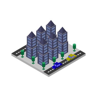 Binaları, gökdelenleri, gökdelenleri, yolları, arabaları, yolları, yolları, binaları, gökdelenleri olan izometrik bir şehir.