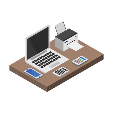 Bilgisayar simgesi, vektör illüstrasyon tasarımlı izometrik ofis çalışma alanı     
