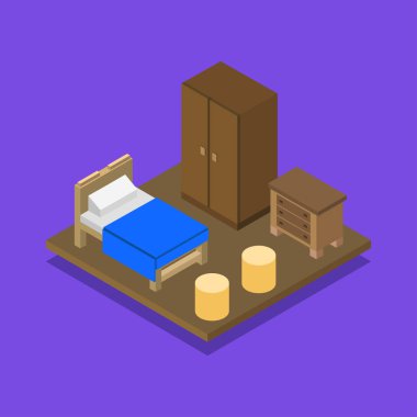 İçerideki izometrik yatak odası. vektör illüstrasyonu         