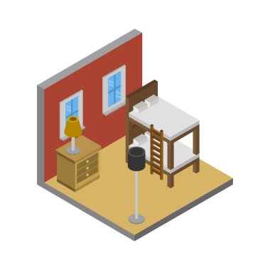 İçerideki izometrik yatak odası. vektör illüstrasyonu         