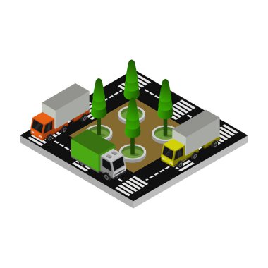 Yolların, arabaların, sokakların izometrik çizimi. vektör illüstrasyonu.