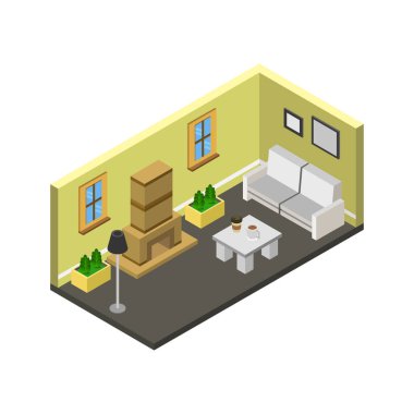 Oturma odasının şömineli izometrik iç mekanı, vektör illüstrasyonu