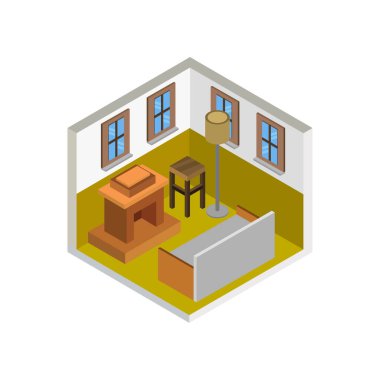 Oturma odasının şömineli izometrik iç mekanı, vektör illüstrasyonu