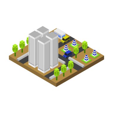 Beyaz zemin üzerinde bina ve arabaların izole unsurları ile izometrik şehir bileşimi