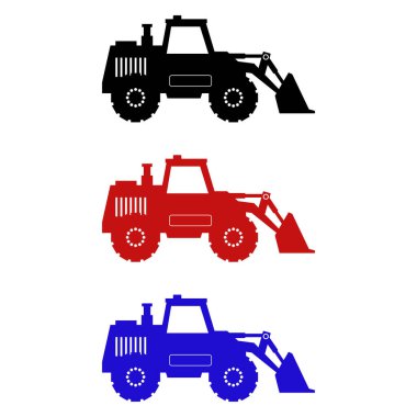 Beyaz arka planda tekerlek yükleyicileri, ağır ekipman ve makinelerin çizimi.