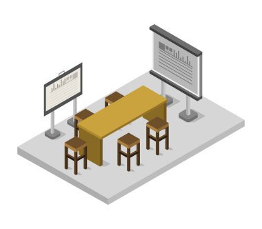 Masası ve masaları olan izometrik bir ofis. vektör illüstrasyonu