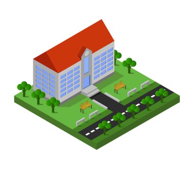 Yeşil çimenli modern izometrik bina, vektör illüstrasyonu