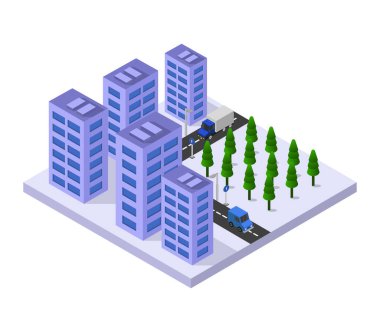 Ağaçlı izometrik şehir binaları