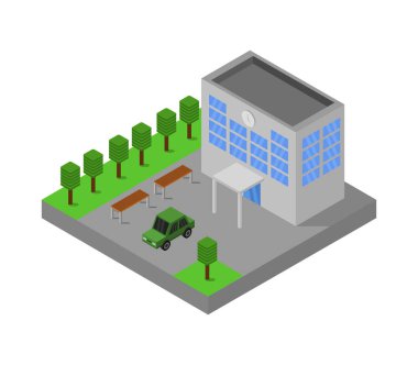 Binaları ve ağaçları olan şehir parkı. izometrik biçim.