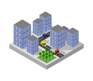Binaları ve arabaları olan izometrik bir şehir. 3d vektörü