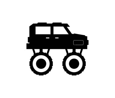 Beyaz arka planda büyük tekerlekleri olan arabanın siyah silueti.