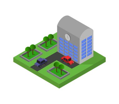 Modern bir binanın izometrik çizimi, şehirde bir araba, bir şehir merkezi, bir sürü araba, ve ağaçlar,