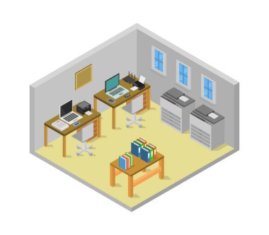 ofis izometrik kompozisyonu ofis masasının izole edilmiş görüntüsü ve boş uzay vektör illüstrasyonu