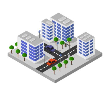 İzometrik şehir sokağı. Vektör çizimi. izometrik şehir manzarası.