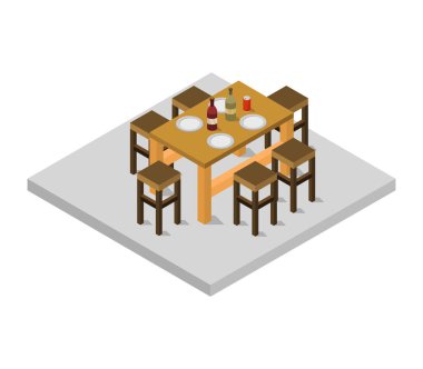 Tablo ve sandalye vektör illüstrasyonlu izometrik restoran bileşimi