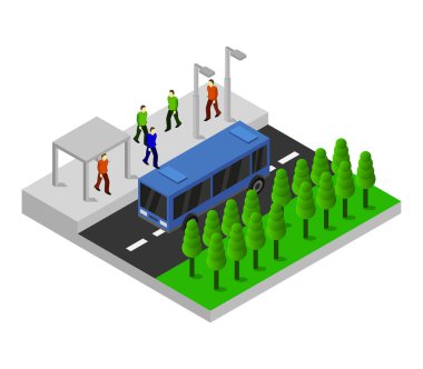 Otobüs işaretli ve trafik vektörü illüstrasyonlu insan karakterlerinin eşölçümsel kompozisyonu