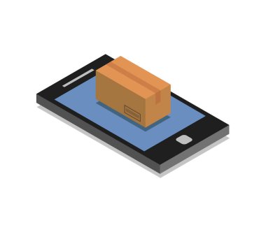 Karton kutulu akıllı telefon izometrik simge. dağıtım lojistik ve dağıtım teması.