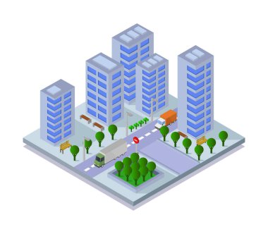 Şehir binaları ağaçlarla izometrik bileşim, caddeler arabalar ve yollar, caddeler yol vektörleriyle