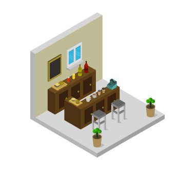 Sandalyeleri ve tabloları olan izometrik kafe, vektör