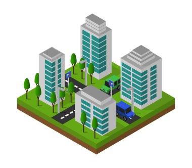 Ağaçlar ve binalarla izometrik şehir manzarası.