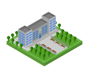 Ağaçları ve yolu olan izometrik şehir binası, vektör illüstrasyonu