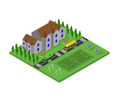 Bir şehrin izometrik vektör simgesi, şehirli yol, ve evli yeşil çimen. Modern bir tasarım öğesi. a