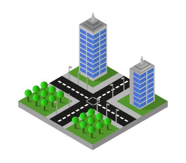 İzometrik şehir parkı, ağaçlar ve arabalar, yollu yol, yol