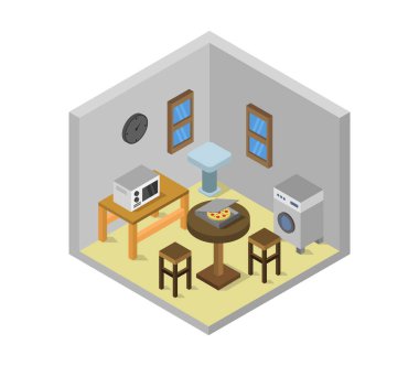 Mobilya ve pişirme araçları vektör illüstrasyonuyla izometrik mutfak içi