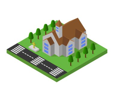 İzometrik ev simgesi. Beyaz arkaplanda izole edilmiş iki kenarlı vektör illüstrasyonuna sahip evin izometriği