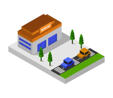 İzometrik şehir binası ve arabası